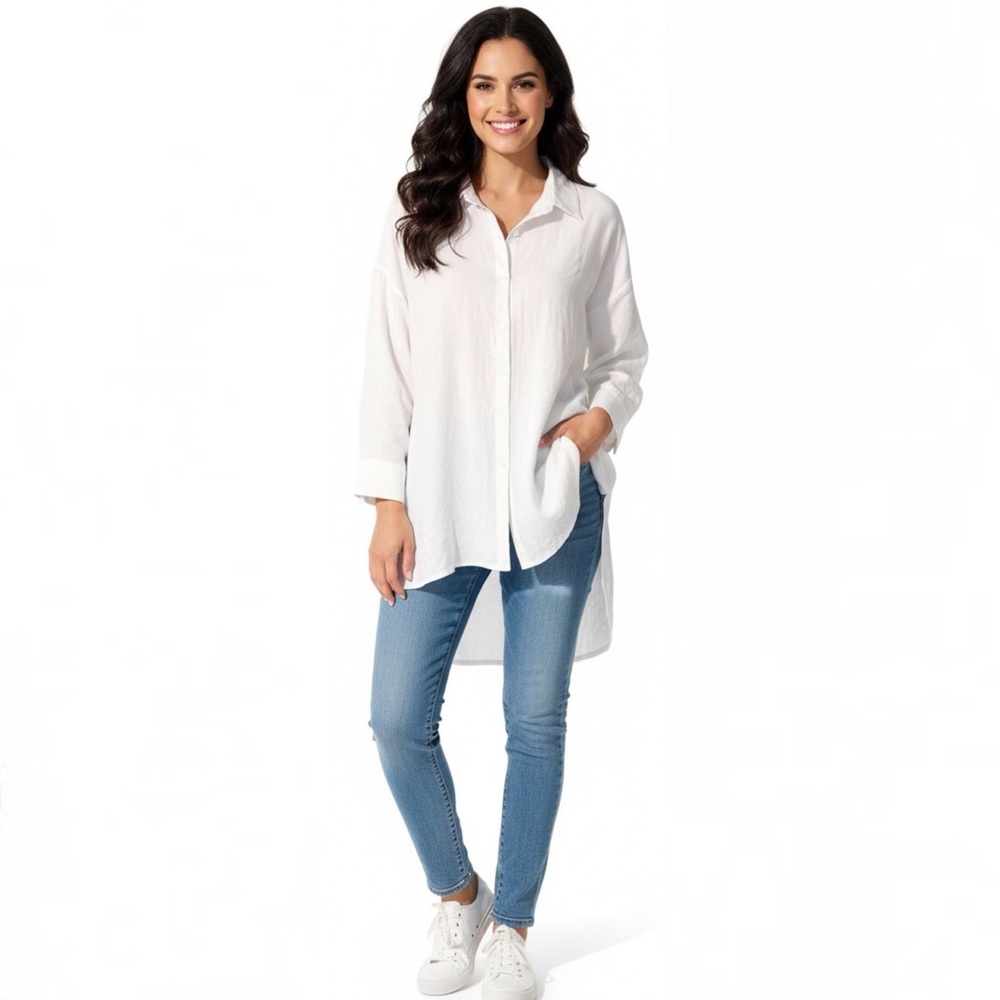 For Cynthia White Linen Blend Button Up Beachy Top